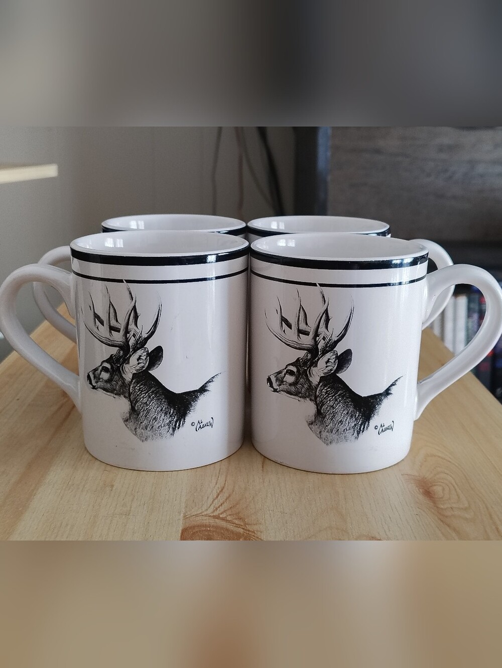 White Ceramic Deer Mug Set with Black Accent - 4 Pack
